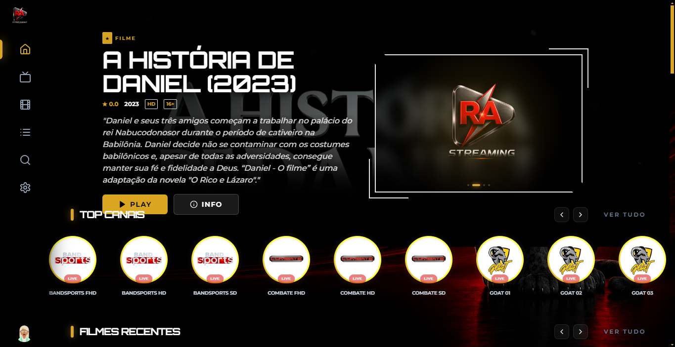 Captura original e completa da interface do aplicativo RA Streaming